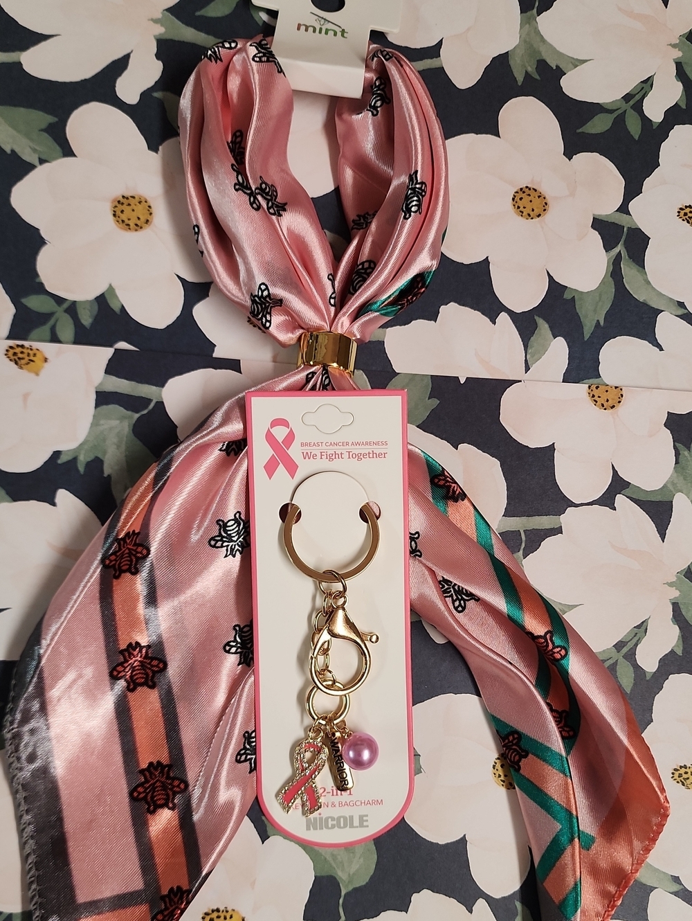 Pink Satin Ribbon Key And Purse Charm with Gold Hardware